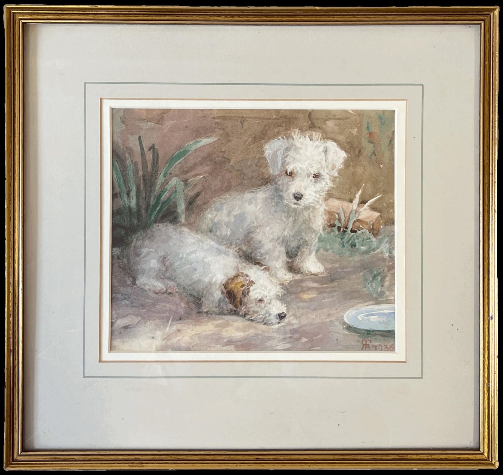 1930's English Artist1930's English Dog Painting Wire Fox Terrier Puppies Waiting To Be Fed Signed1936 photo furniture