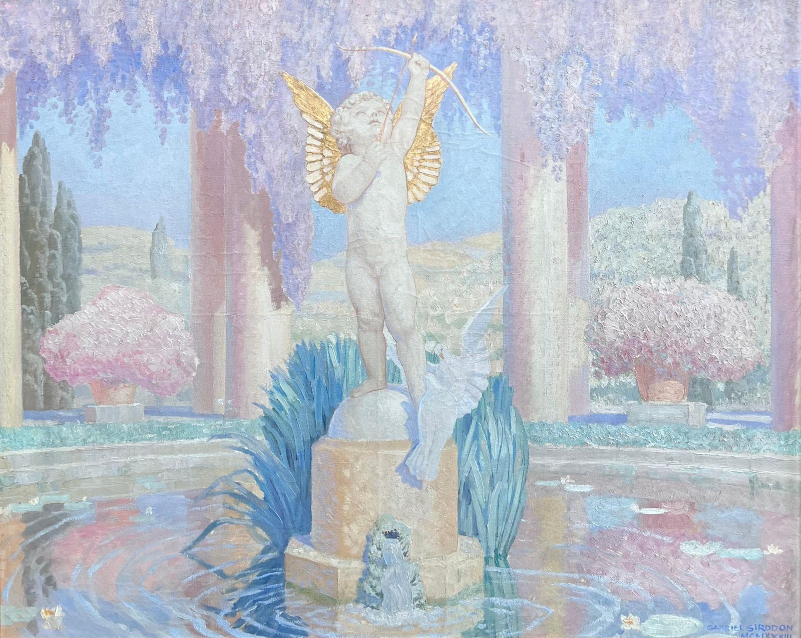 Gabriel Jules Charles Girodon (1884–1941)huge French 1930's Signed Oil Classical Roman Fountain Statue Floral Scene 19331933 photo for sale