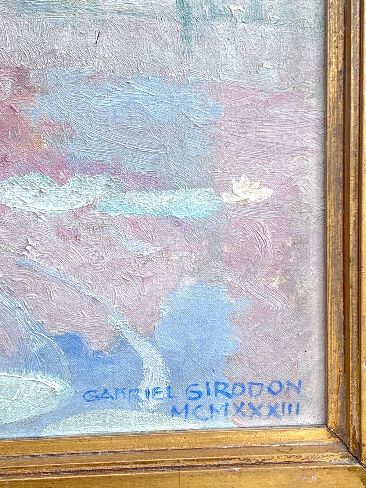 Art Gabriel Jules Charles Girodon (1884–1941)huge French 1930's Signed Oil Classical Roman Fountain Statue Floral Scene 19331933 photo