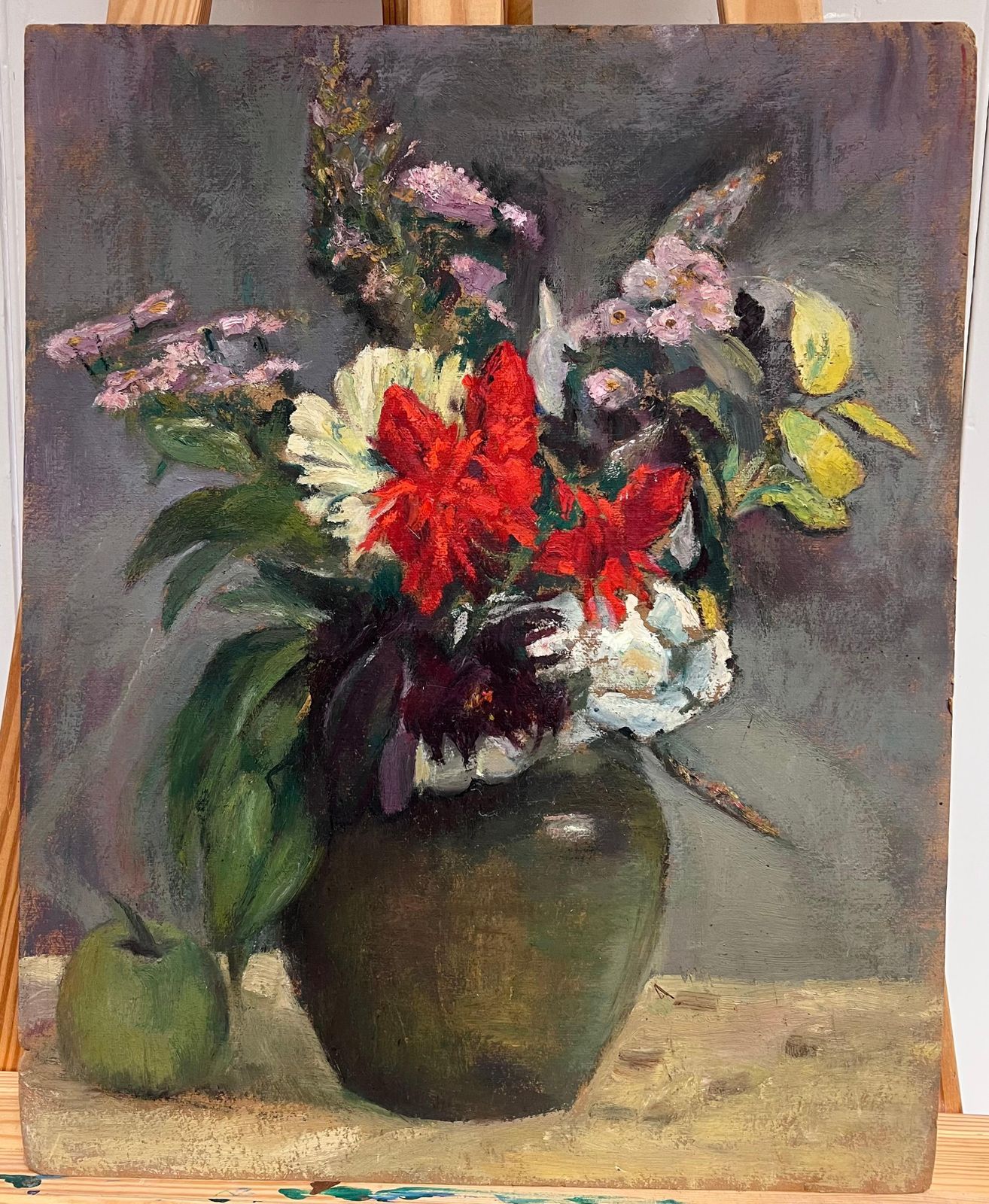 Cécile Hertz Eyrolles (1875 1974)1930's French Post Impressionist Oil Colorful Still Life Flowers In Vase & Apple1930's photo furniture