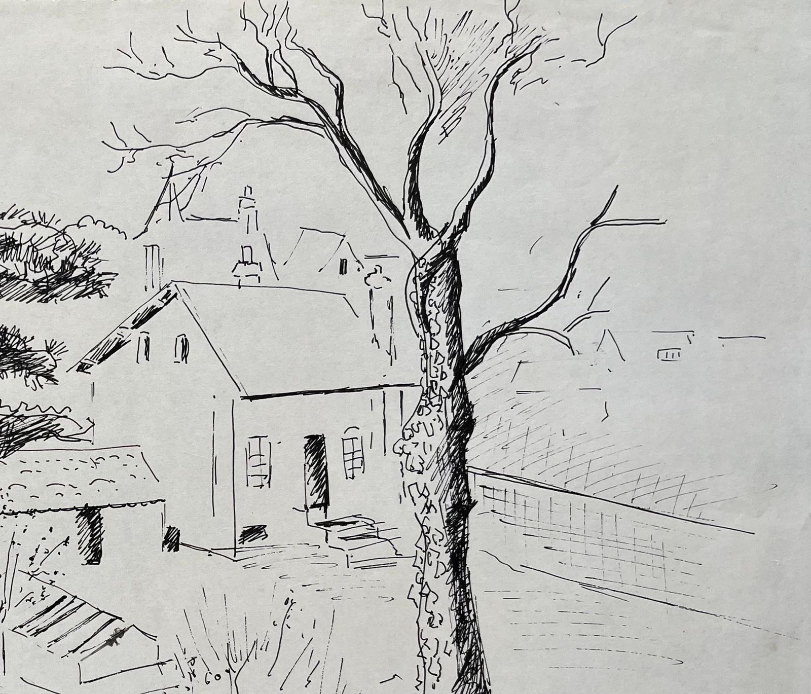 Anne Marie Migette Perardmid 20th Century Post Impressionist Ink Drawing Of Garden And Village Houses photo for sale