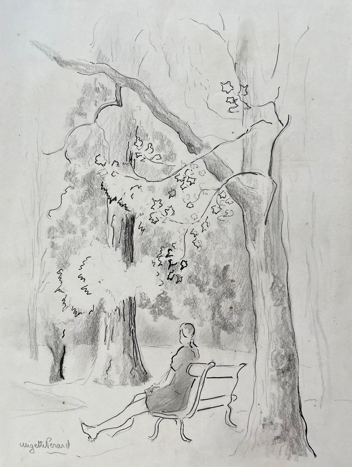 Anne Marie Migette Perardmid 20th Century Post Impressionist Pencil Drawing Of Woman On Park Bench