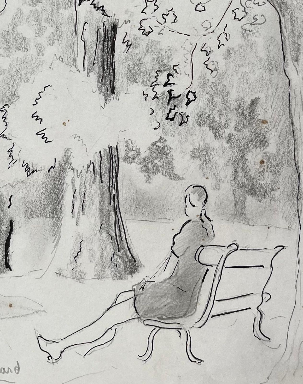 Anne Marie Migette Perardmid 20th Century Post Impressionist Pencil Drawing Of Woman On Park Bench photo buy