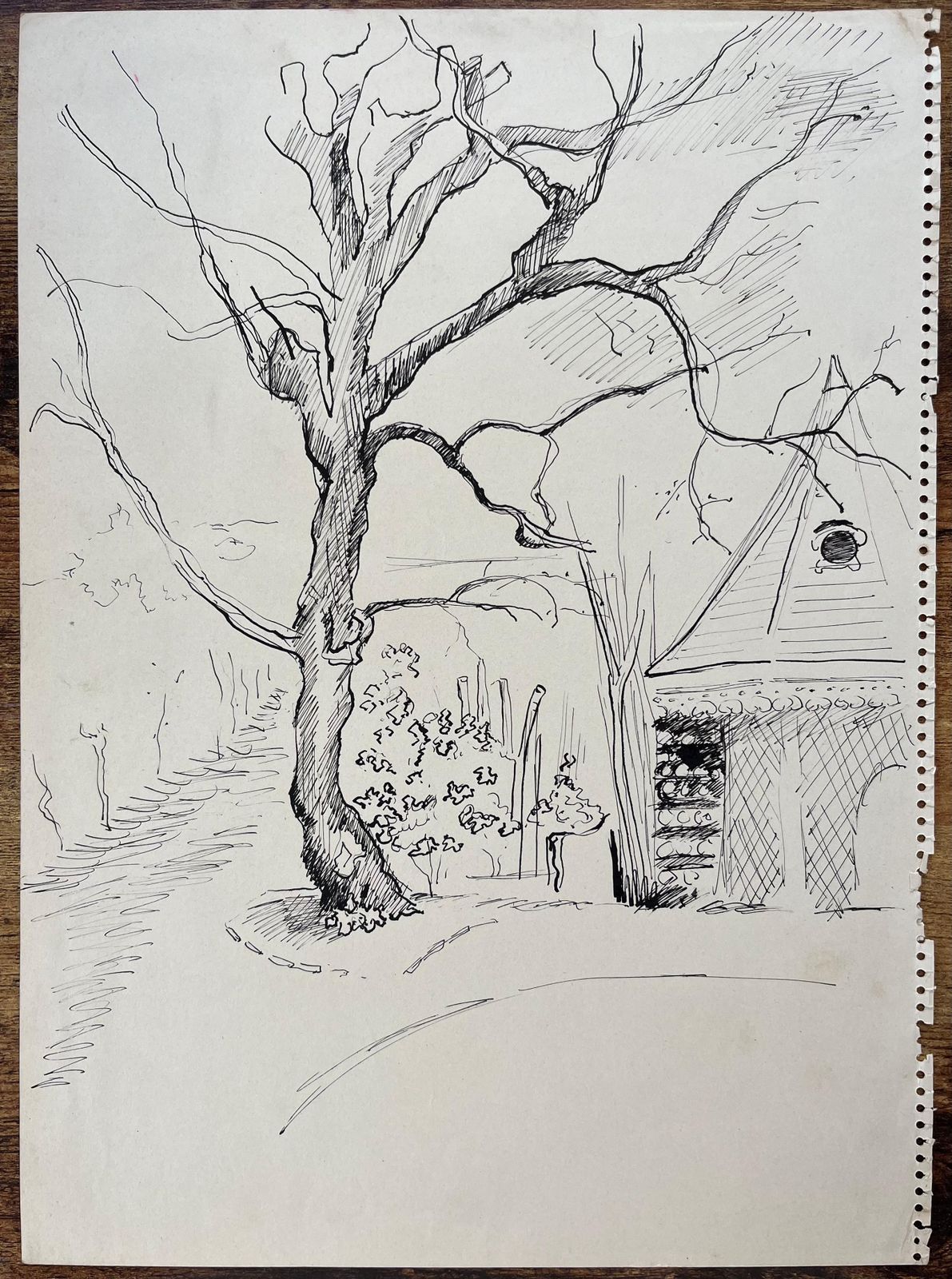 Anne Marie Migette Perardmid 20th Century Post Impressionist Ink Drawing Of Dovecote Pavilion And Tree photo furniture