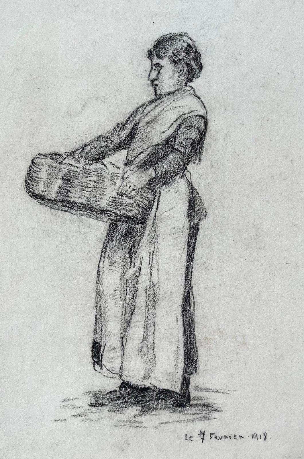 Anne Marie Migette Perardearly 20th Century Charcoal Drawing Of Woman With Basket Dated February 19181918