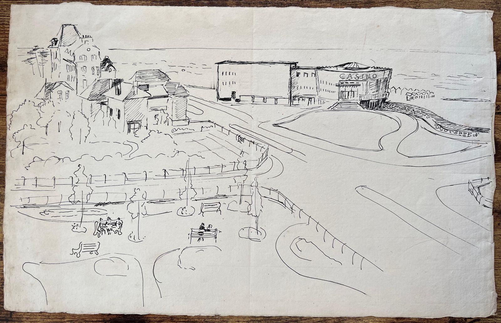 Anne Marie Migette Perardmid 20th Century Post Impressionist Ink Drawing Of French Seafront And Casino photo furniture