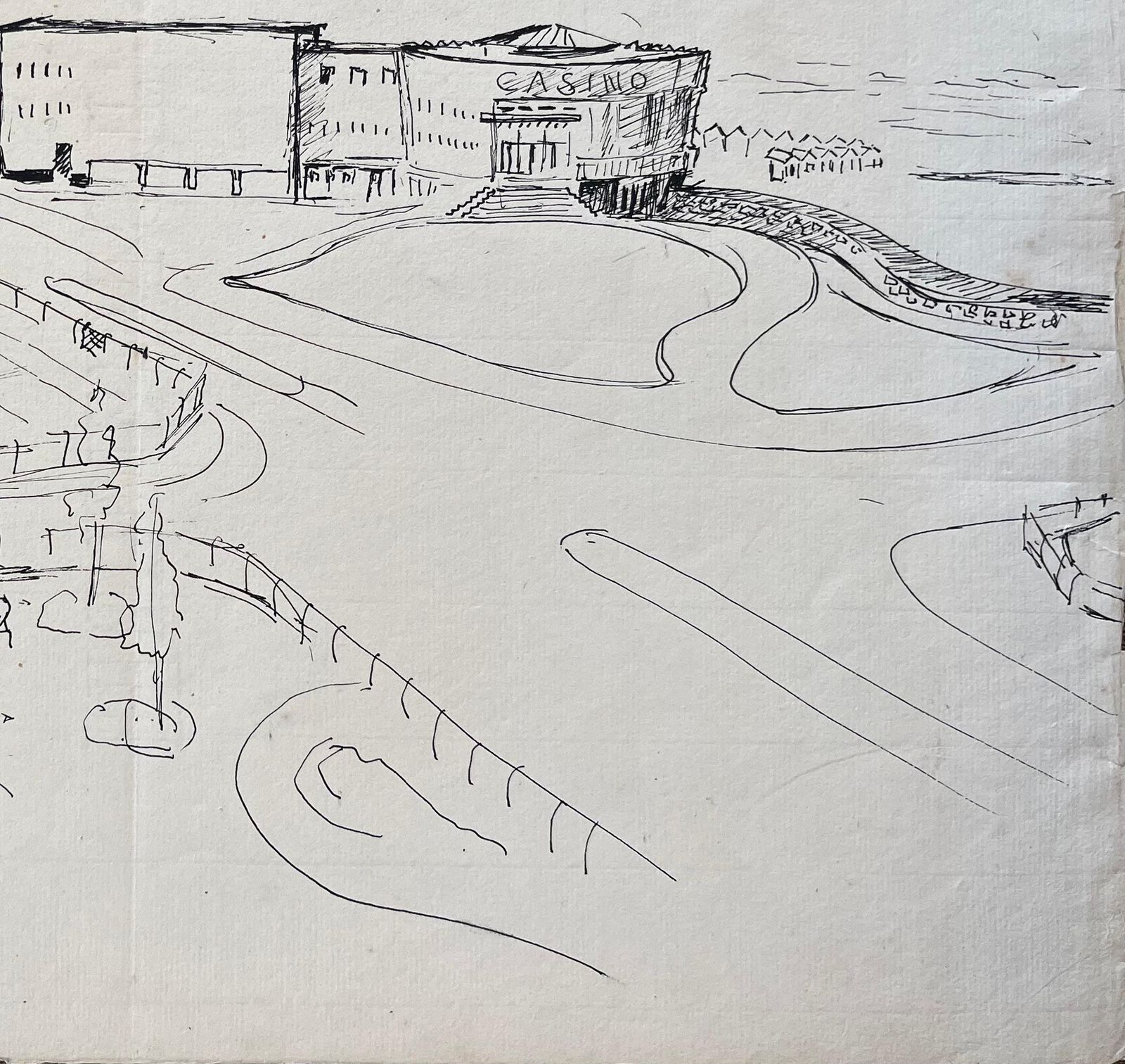 Anne Marie Migette Perardmid 20th Century Post Impressionist Ink Drawing Of French Seafront And Casino photo vinterior