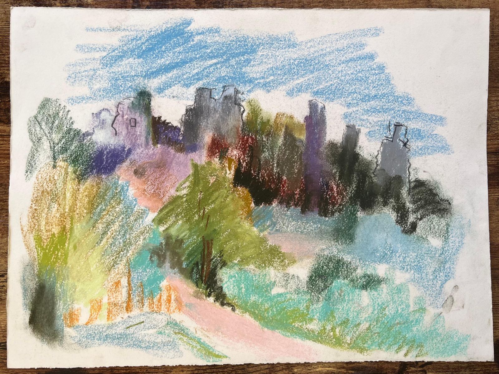 Anne Marie Migette Perardmid 20th Century Pastel Of Hilltop Ruins And Forest Path In France photo furniture