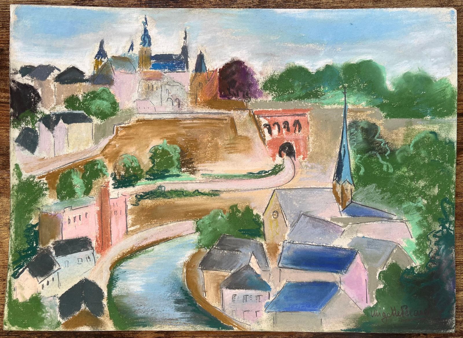 Anne Marie Migette Perardmid 20th Century Pastel Of Luxembourg City With Fortification Wall And River photo furniture