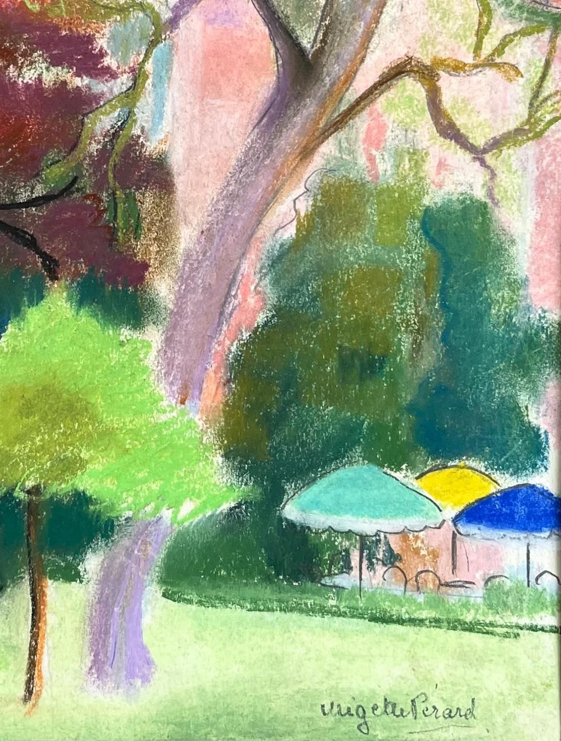 Anne Marie Migette Perardmid Century French Pastel Of Colourful Garden Trees With Parasol And Villa photo vinterior