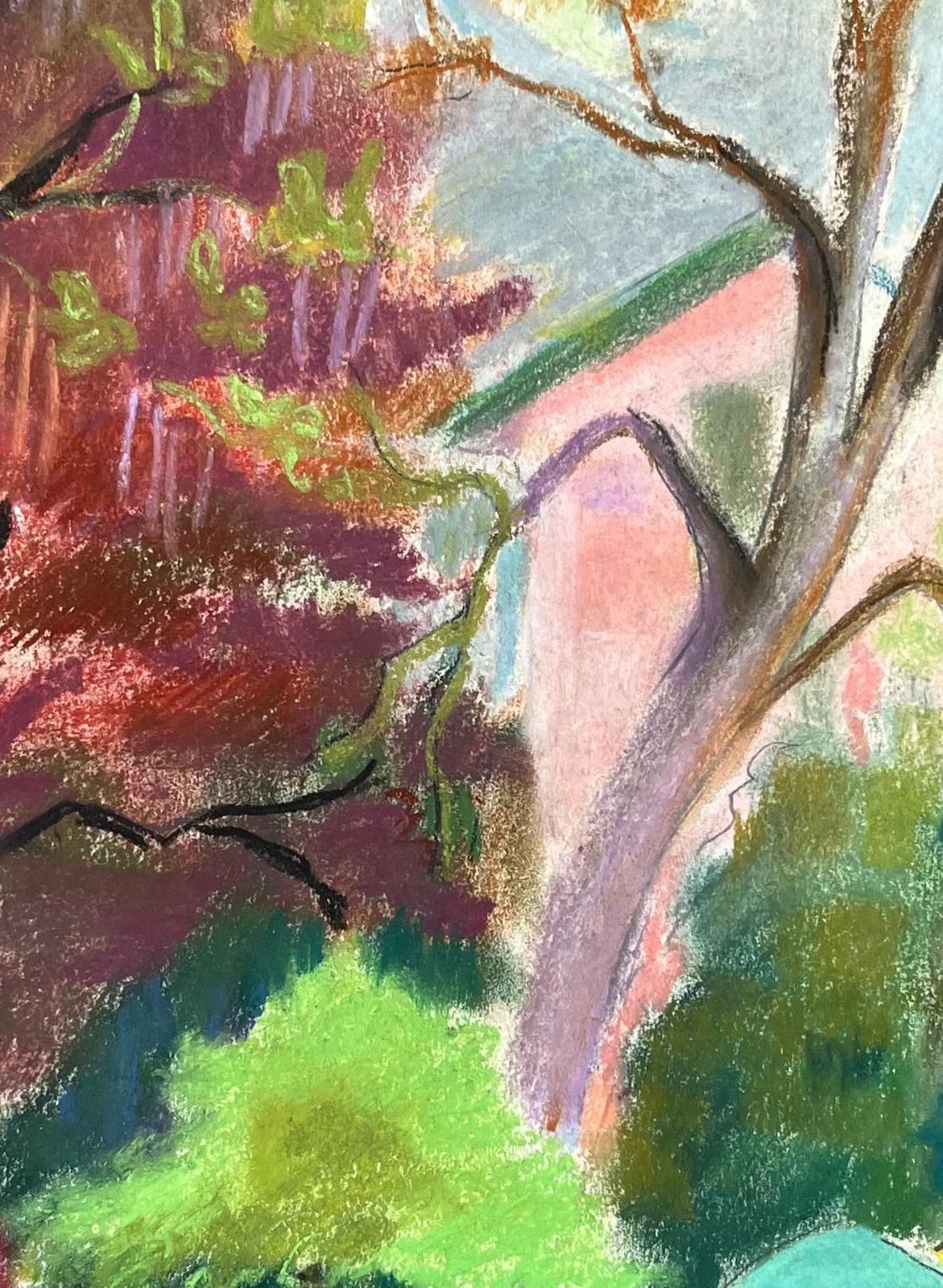 Anne Marie Migette Perardmid Century French Pastel Of Colourful Garden Trees With Parasol And Villa photo buy