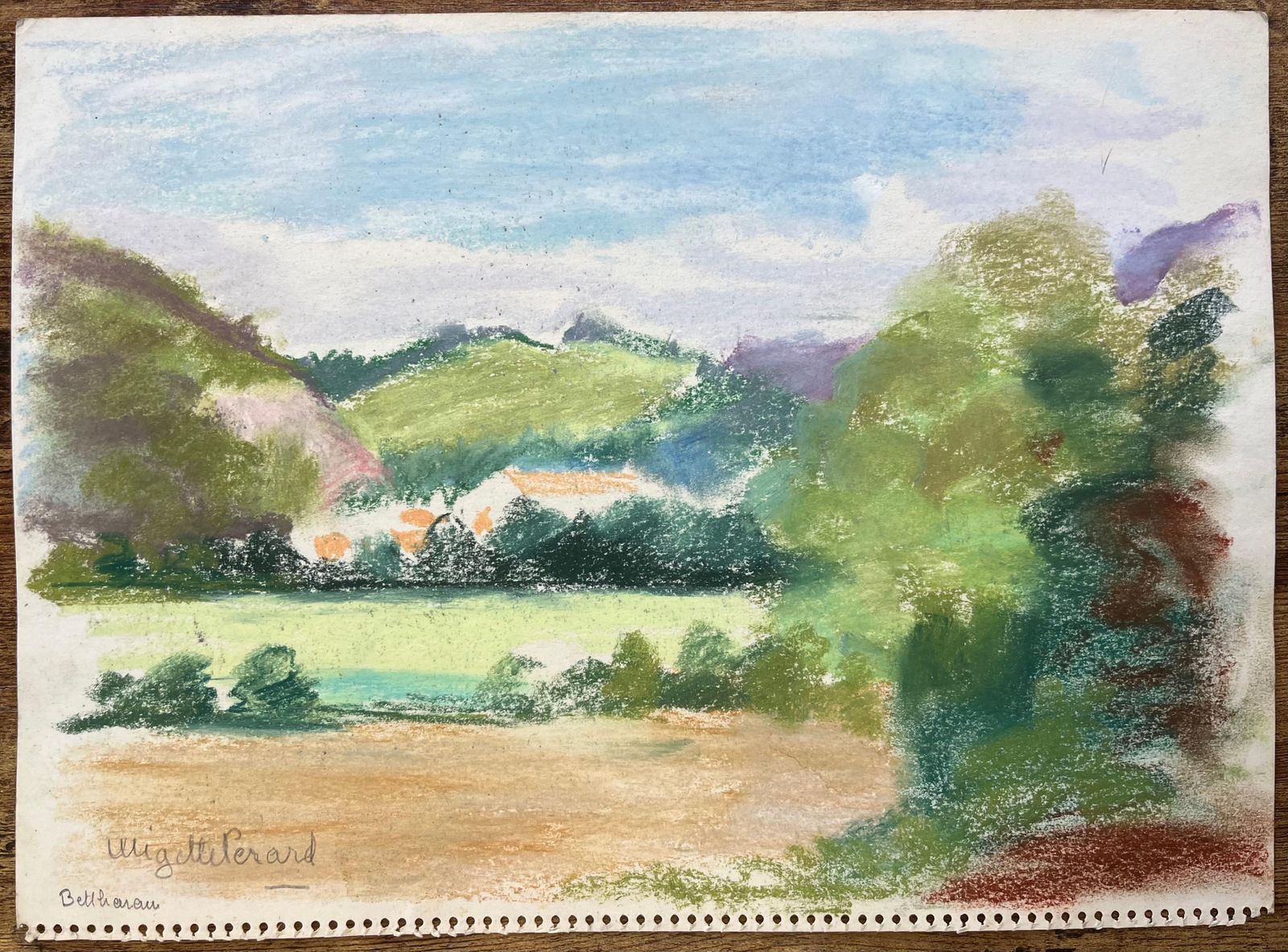Anne Marie Migette Perardmid 20th Century French Pastel Landscape Of Bethonvilliers Village In Hills photo furniture