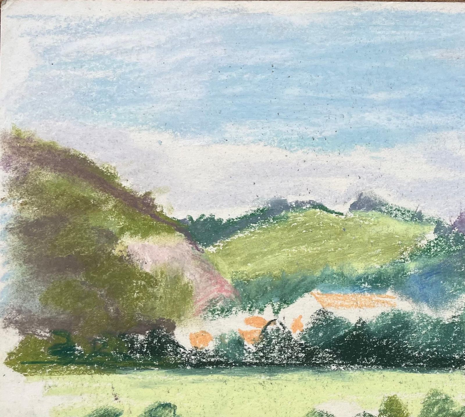 Anne Marie Migette Perardmid 20th Century French Pastel Landscape Of Bethonvilliers Village In Hills photo for sale