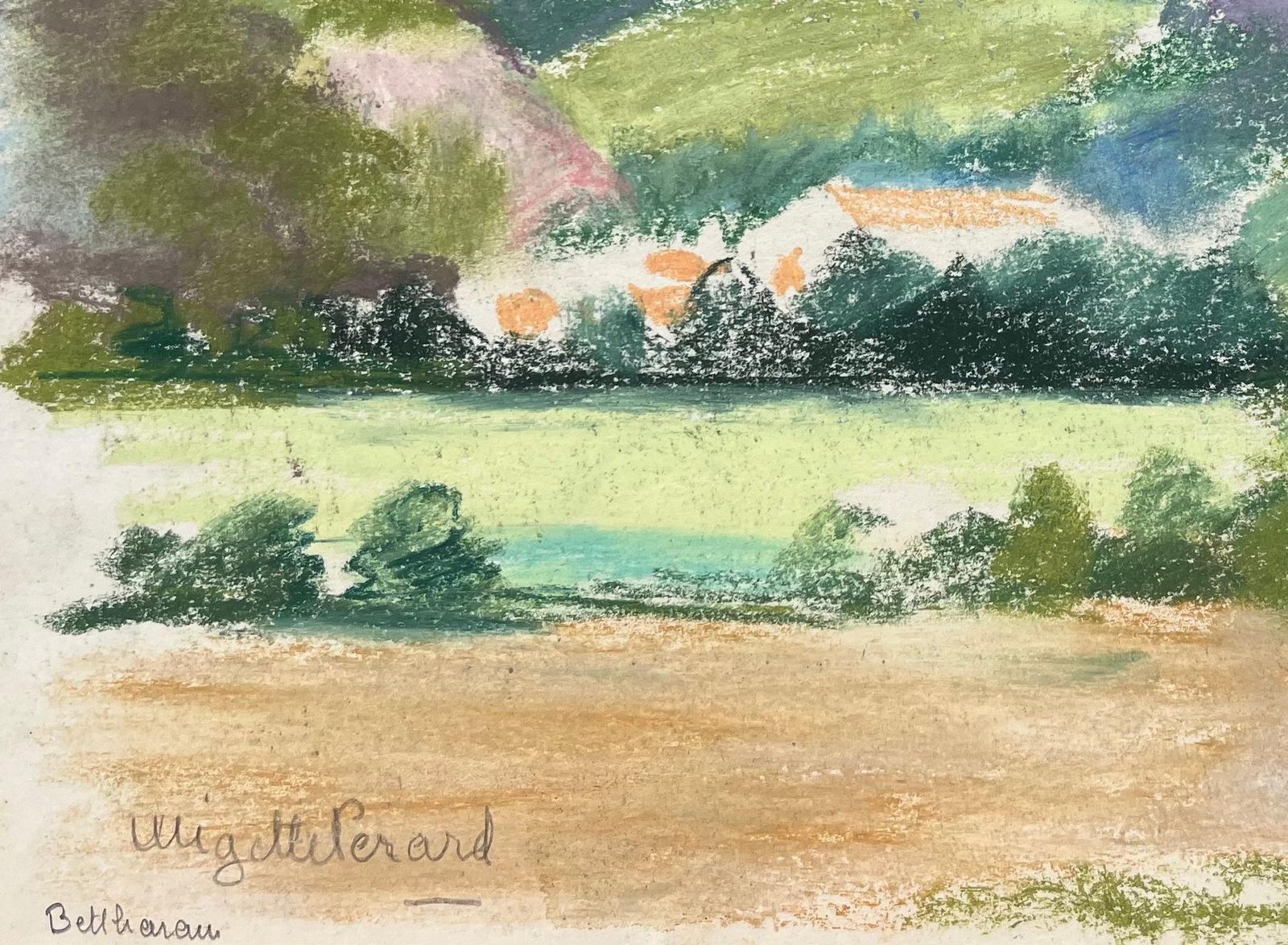 Anne Marie Migette Perardmid 20th Century French Pastel Landscape Of Bethonvilliers Village In Hills photo vinterior