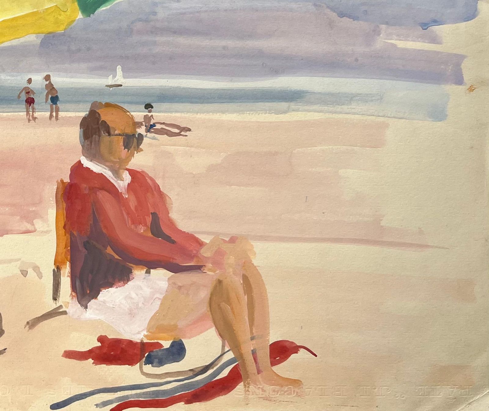 Anne Marie Migette Perardmid Century French Watercolour Beach Scene With Green Umbrella And Seated Figure photo for sale