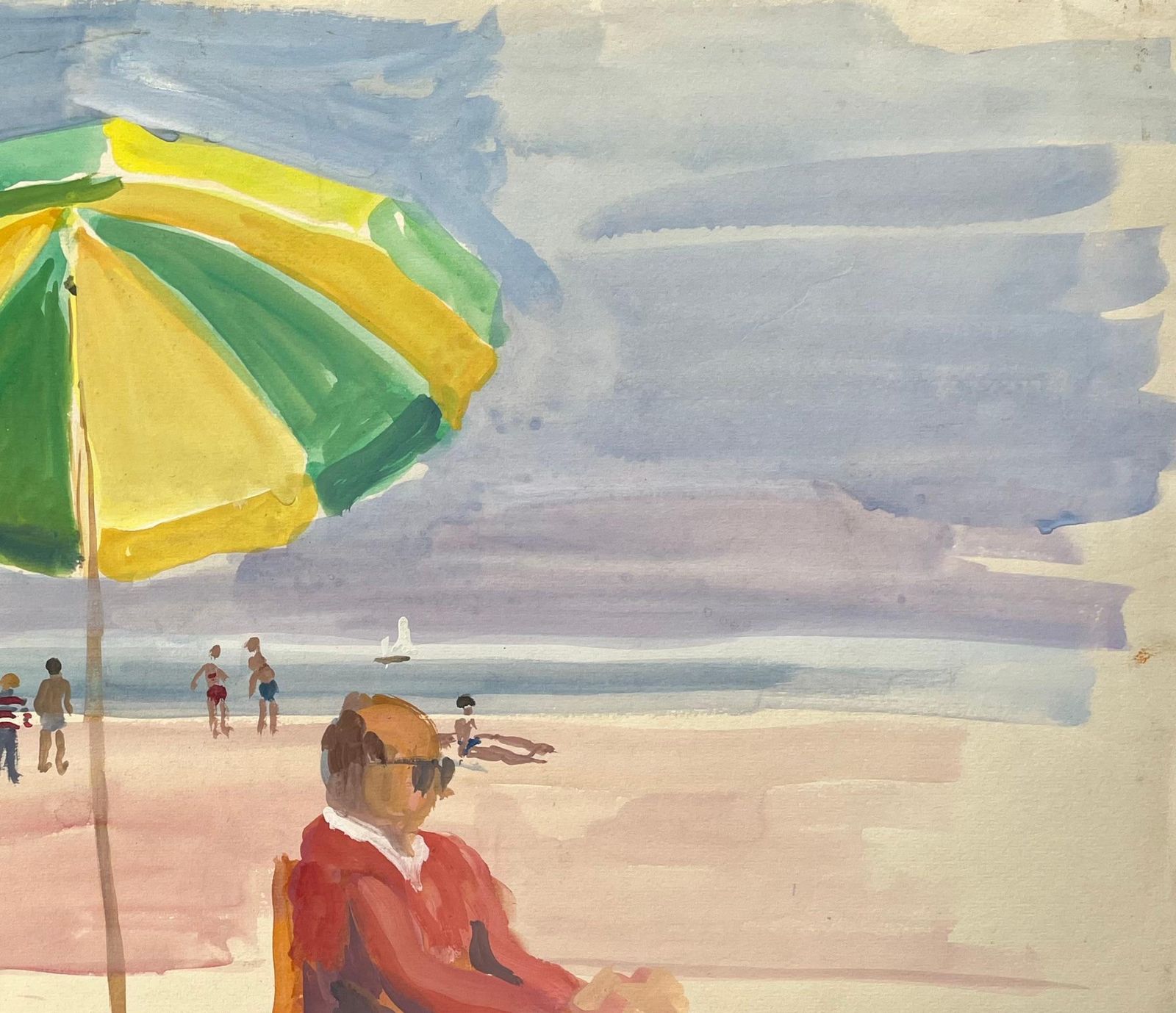 Anne Marie Migette Perardmid Century French Watercolour Beach Scene With Green Umbrella And Seated Figure photo Art