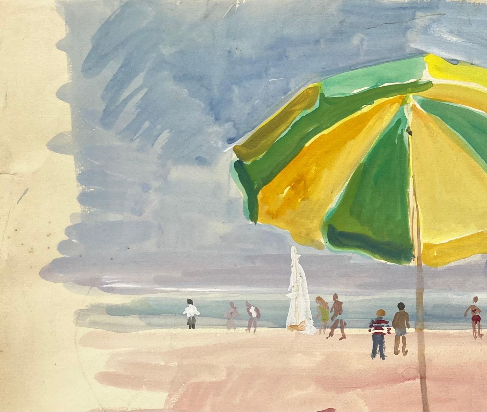 Anne Marie Migette Perardmid Century French Watercolour Beach Scene With Green Umbrella And Seated Figure photo 585.0