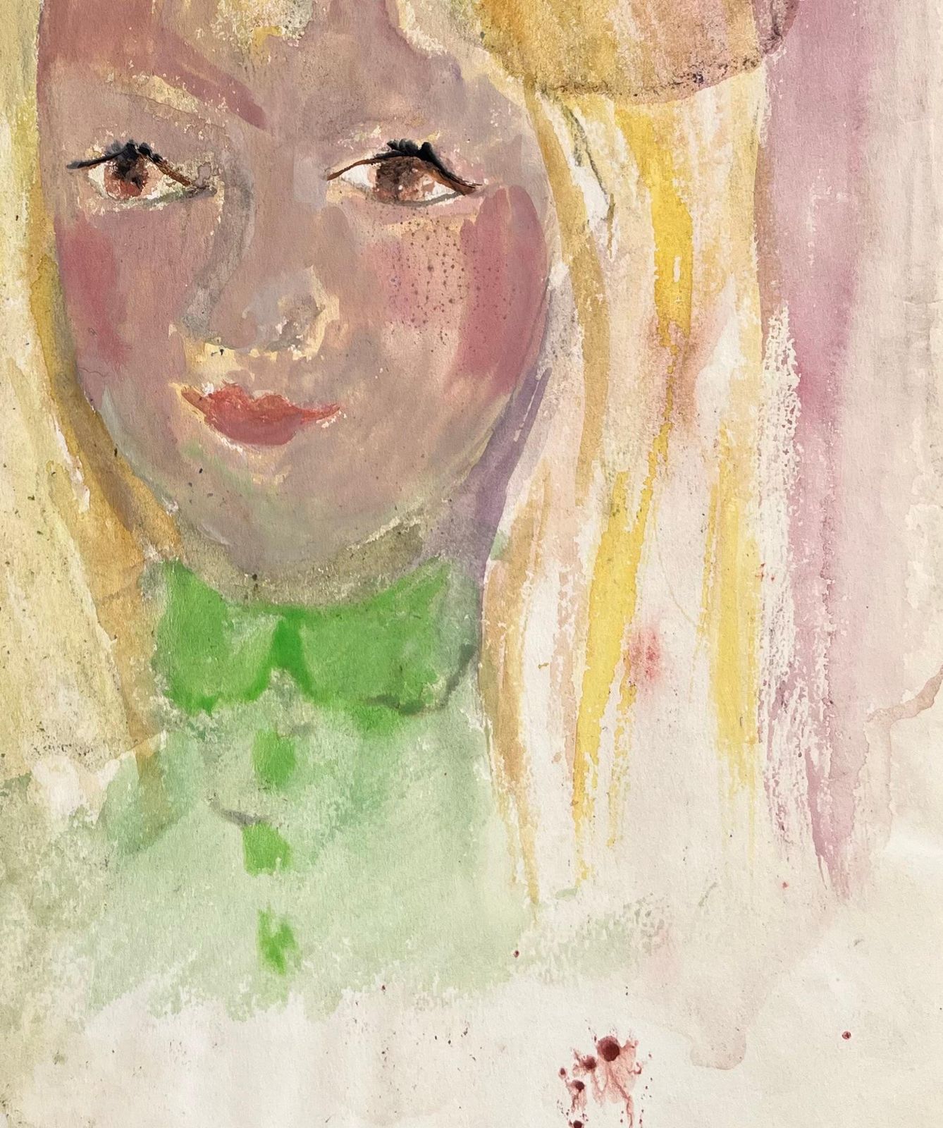 Anne Marie Migette Perardmid Century French Watercolour Portrait Of Blonde Girl With Green Bow And Dress photo Art