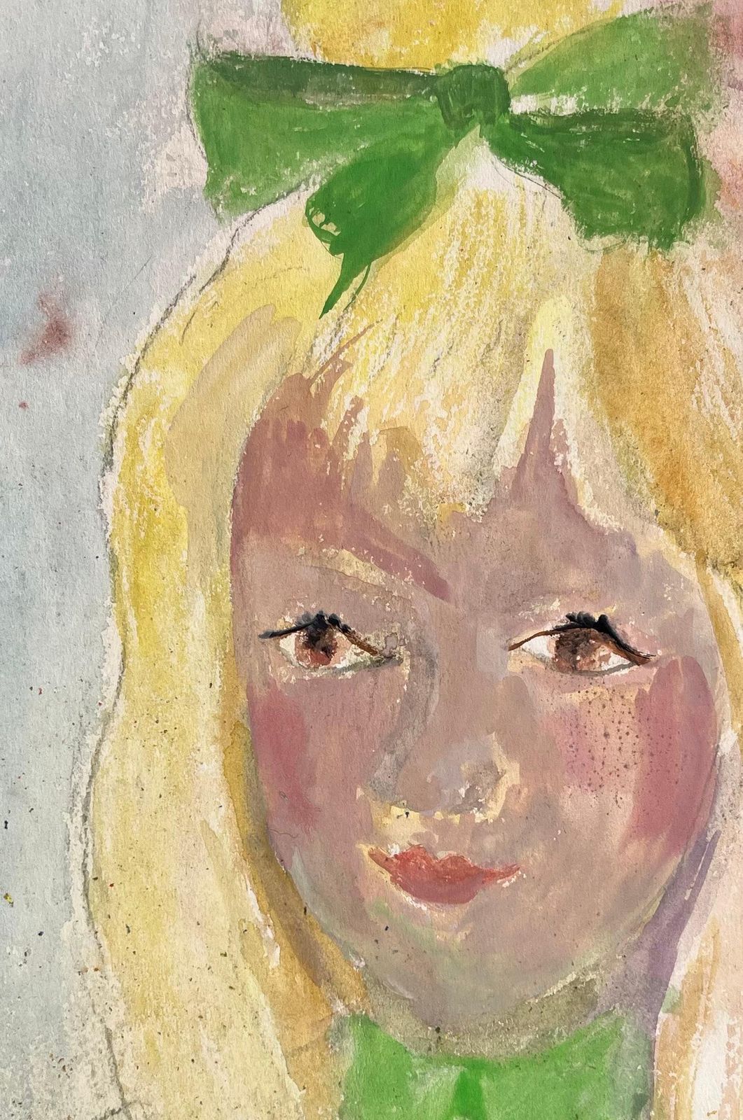 Anne Marie Migette Perardmid Century French Watercolour Portrait Of Blonde Girl With Green Bow And Dress photo buy
