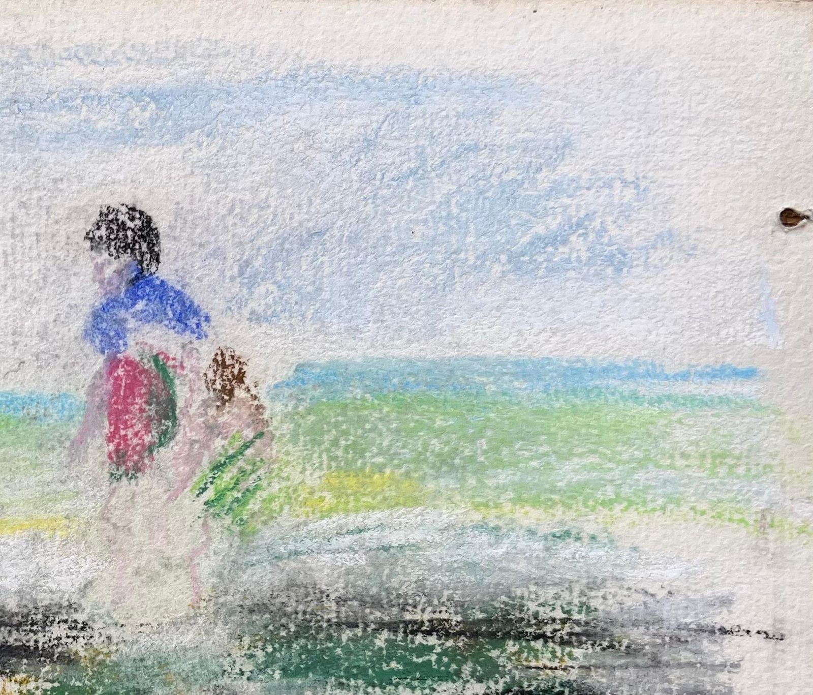 Anne Marie Migette Perardmid Century French Pastel Coastal Scene With Children Playing And Orange Rowboat photo for sale