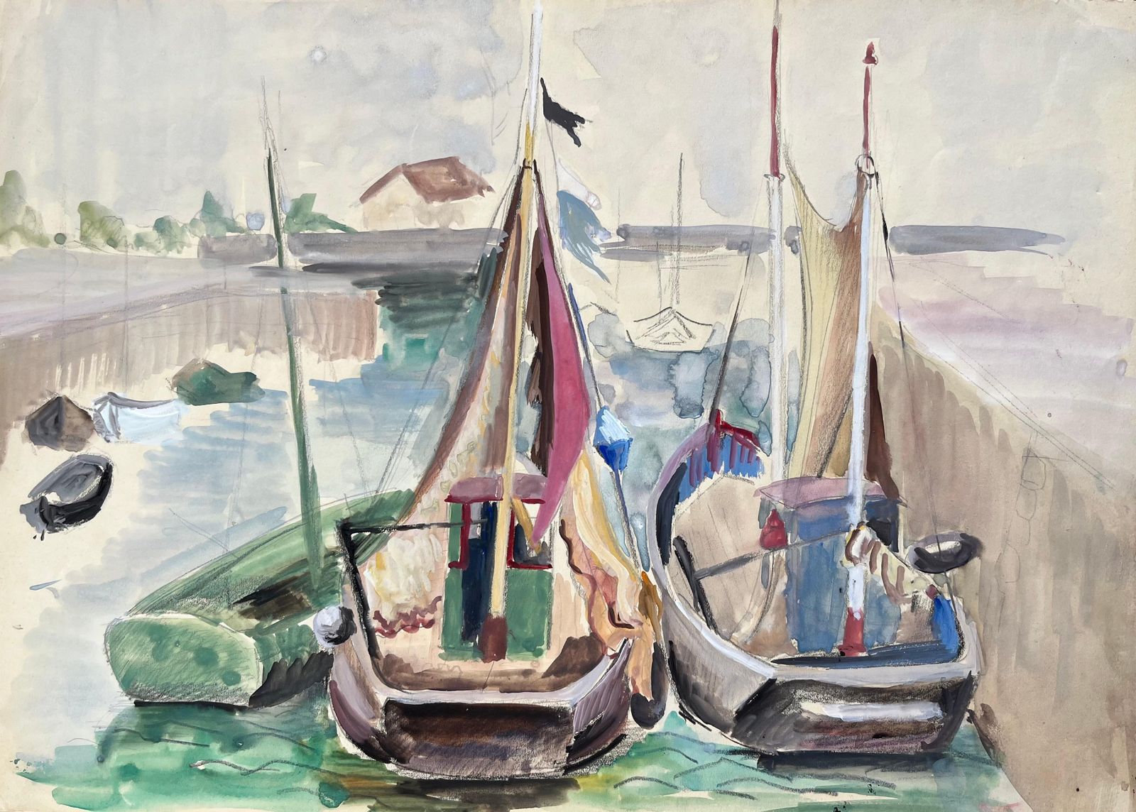 Anne Marie Migette Perardmid Century French Harbour Scene With Colourful Sailboats Docked At Port