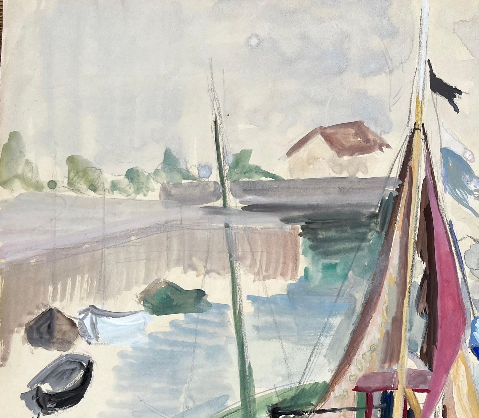 Anne Marie Migette Perardmid Century French Harbour Scene With Colourful Sailboats Docked At Port photo for sale