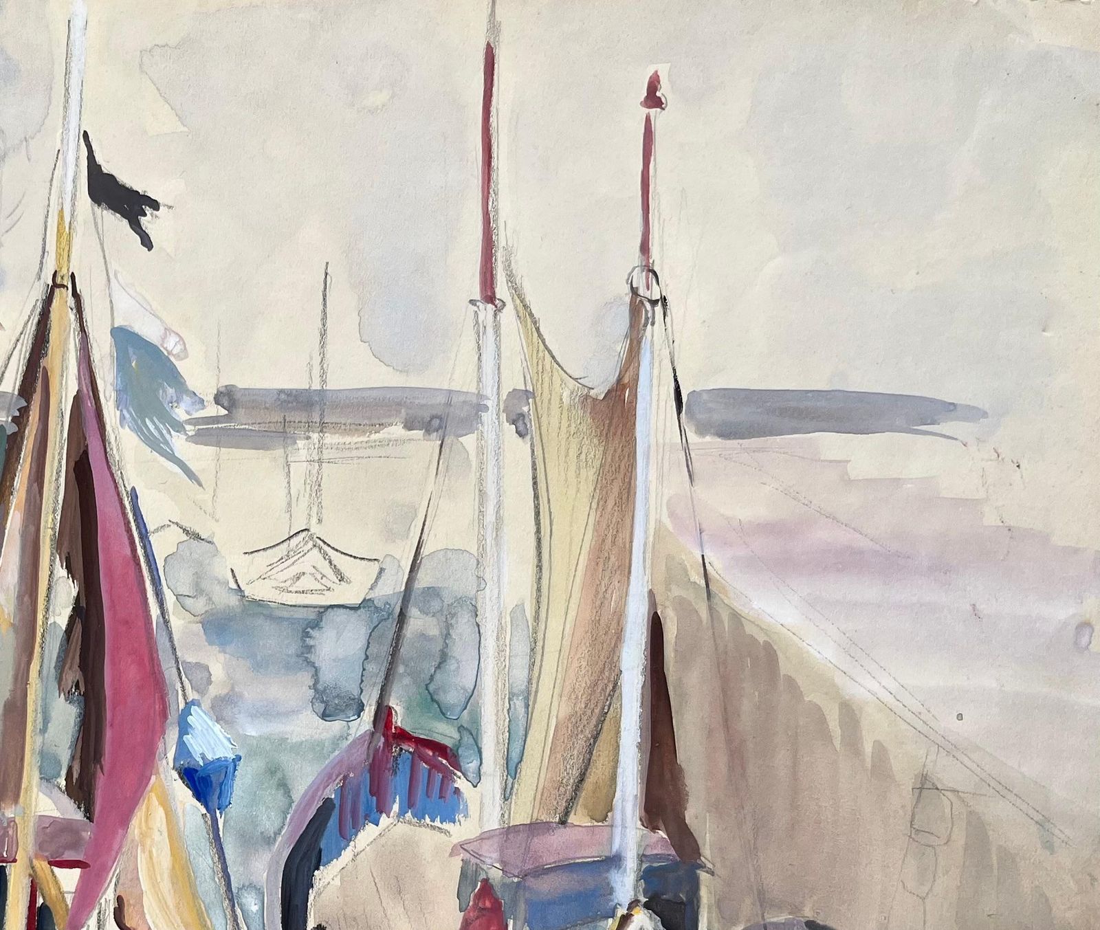 Anne Marie Migette Perardmid Century French Harbour Scene With Colourful Sailboats Docked At Port photo vinterior