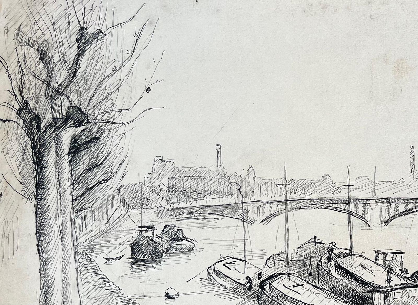 Anne Marie Migette Perardmid Century French Ink Drawing Of Barges Moored On River With Industrial Bridge photo for sale
