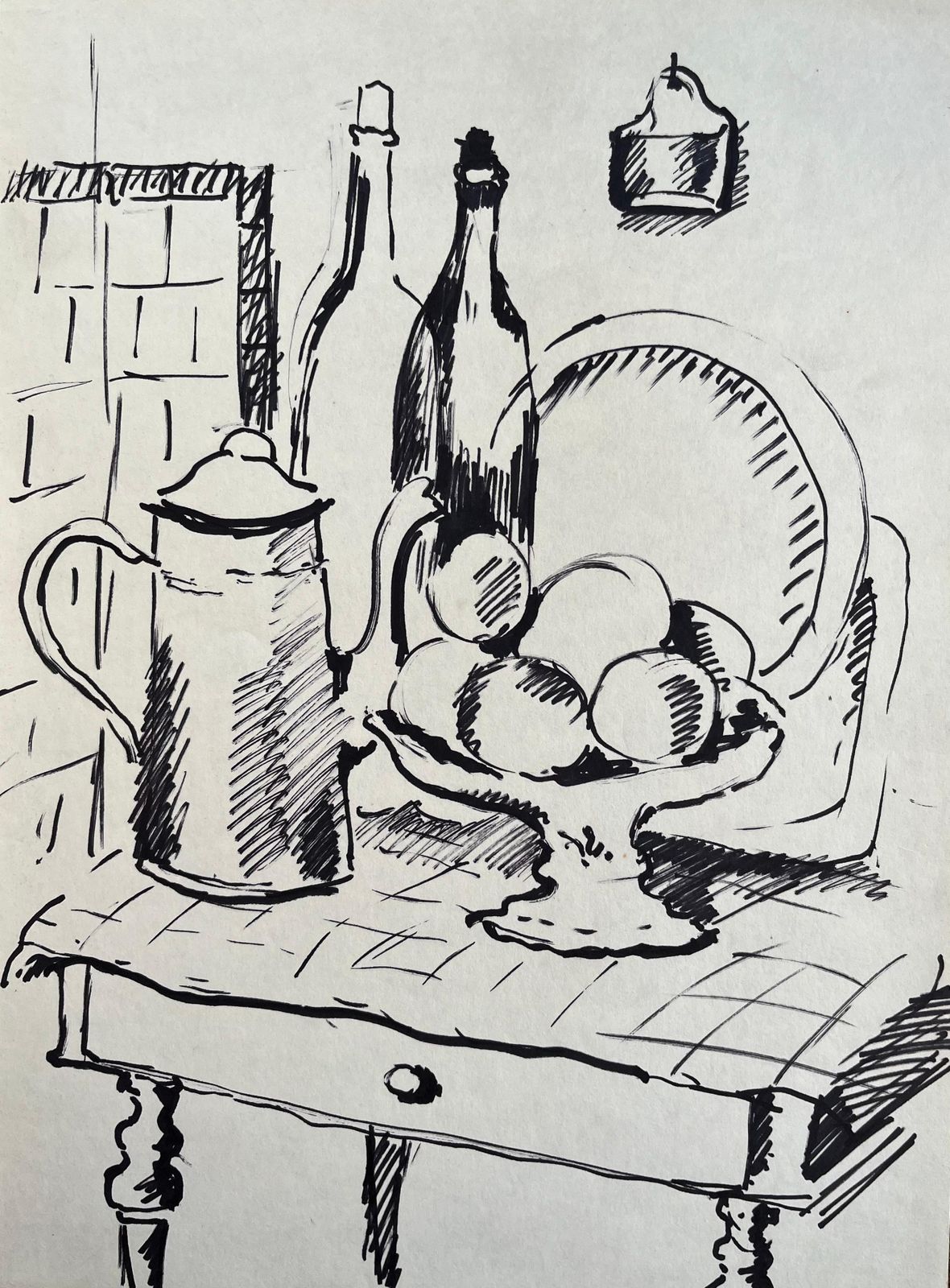 Anne Marie Migette Perardmid Century French Drawing Of Still Life With Fruit Bowl Coffee Pot And Bottles