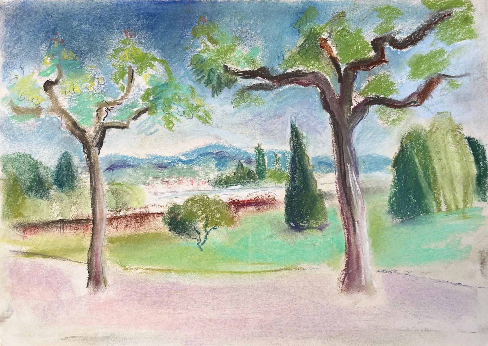 Anne Marie Migette Perardfrench Mid 20th Century Pastel Landscape Of Trees And Distant Hills