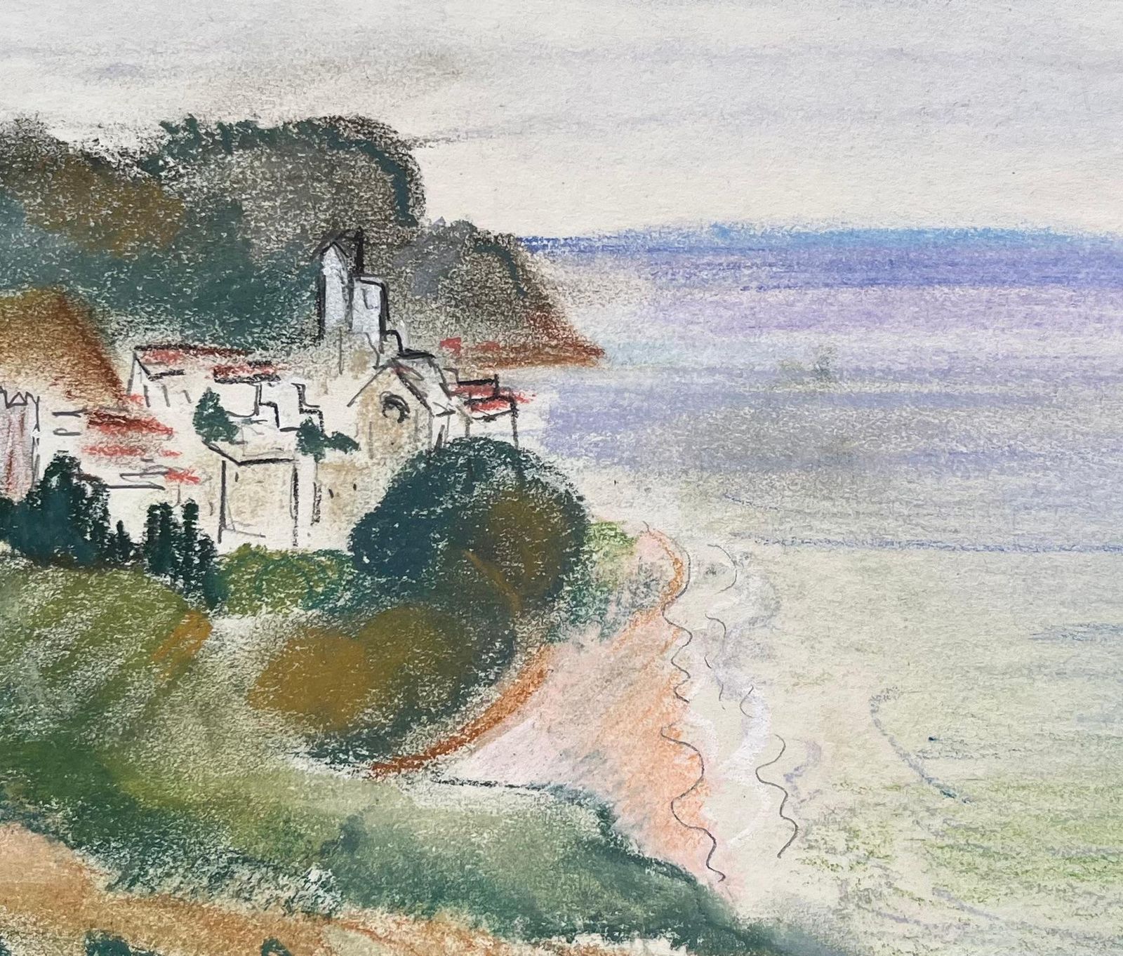 Anne Marie Migette Perardmid 20th Century Pastel Of Coastal Scene With Village And Clifftop Church photo buy