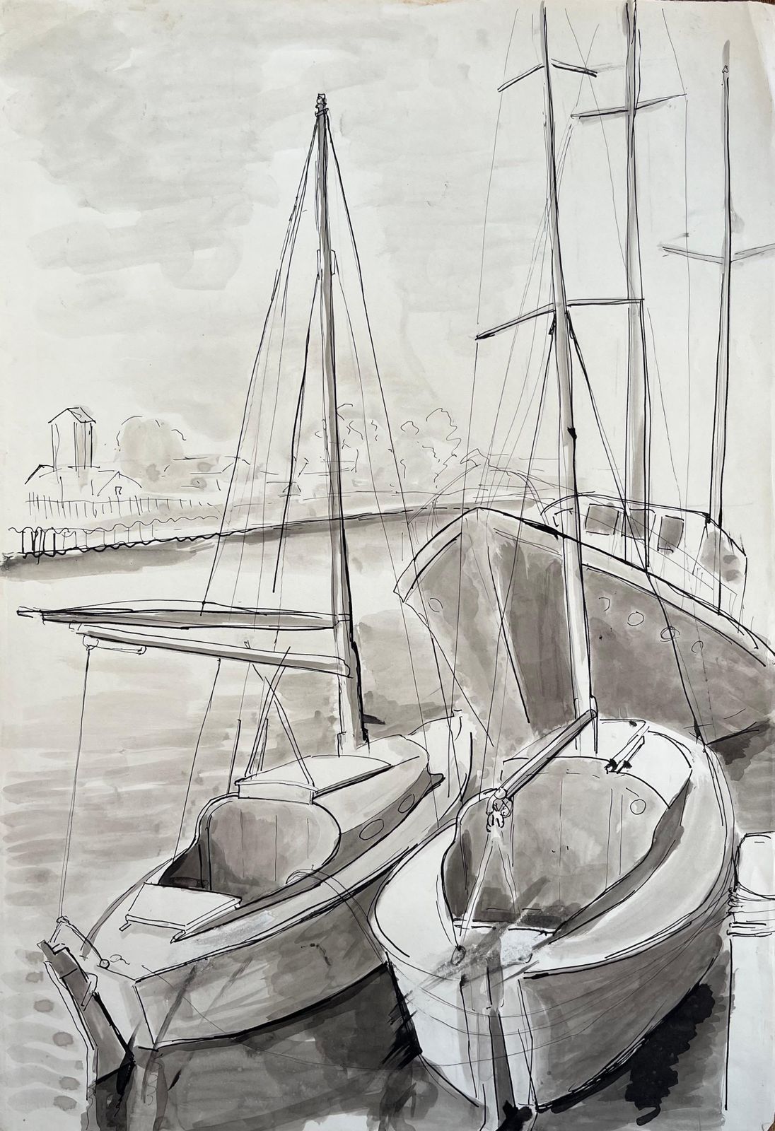 Anne Marie Migette Perardmid Century French Ink And Wash Drawing Of Sailboats Moored At Harbour With Mast