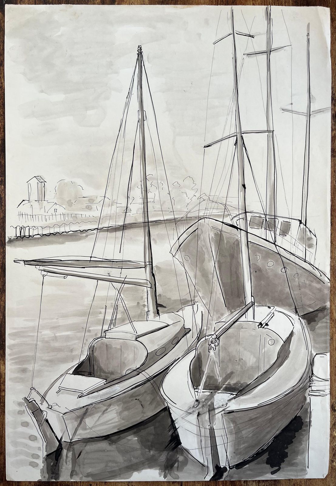 Anne Marie Migette Perardmid Century French Ink And Wash Drawing Of Sailboats Moored At Harbour With Mast photo furniture