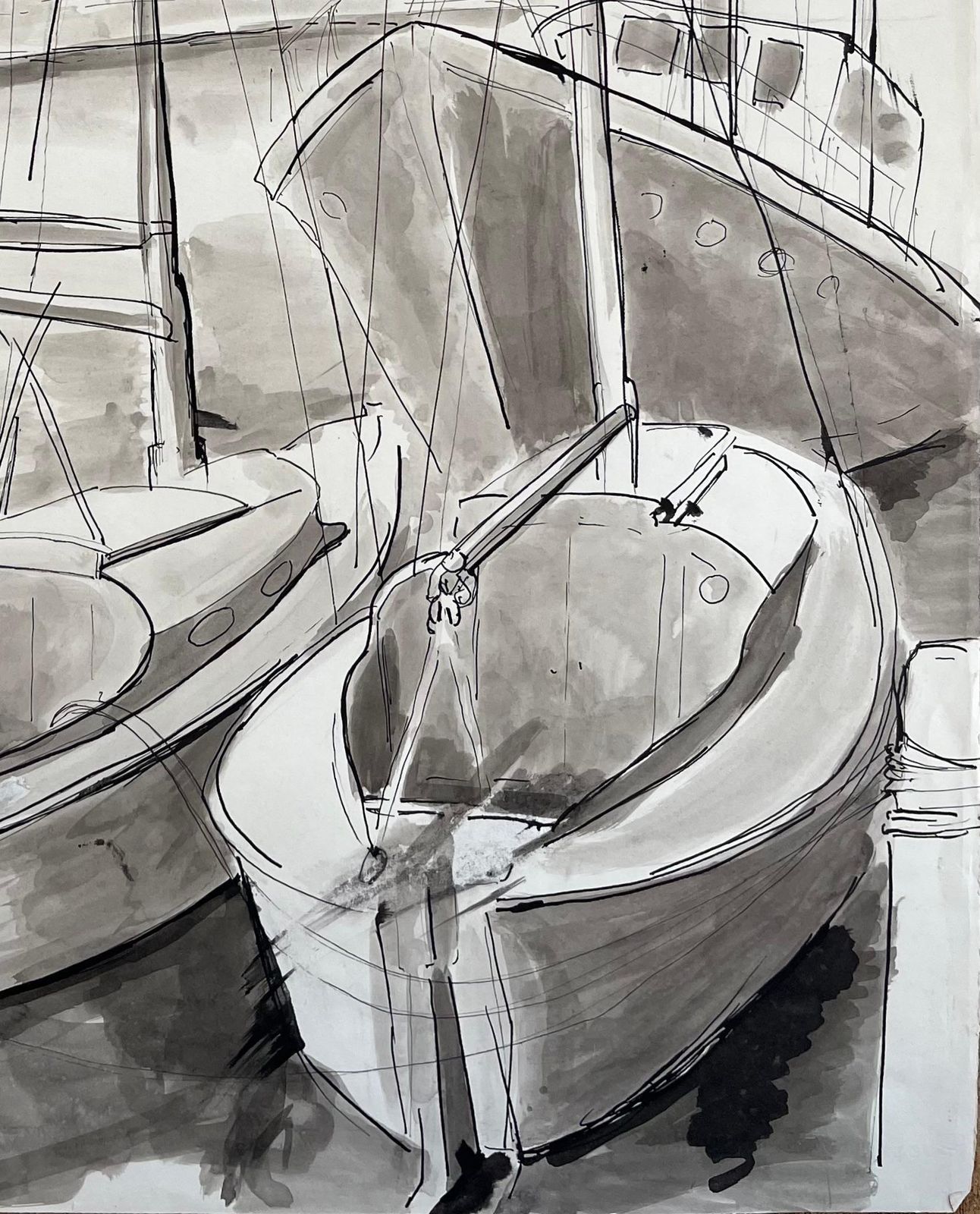 Anne Marie Migette Perardmid Century French Ink And Wash Drawing Of Sailboats Moored At Harbour With Mast photo for sale