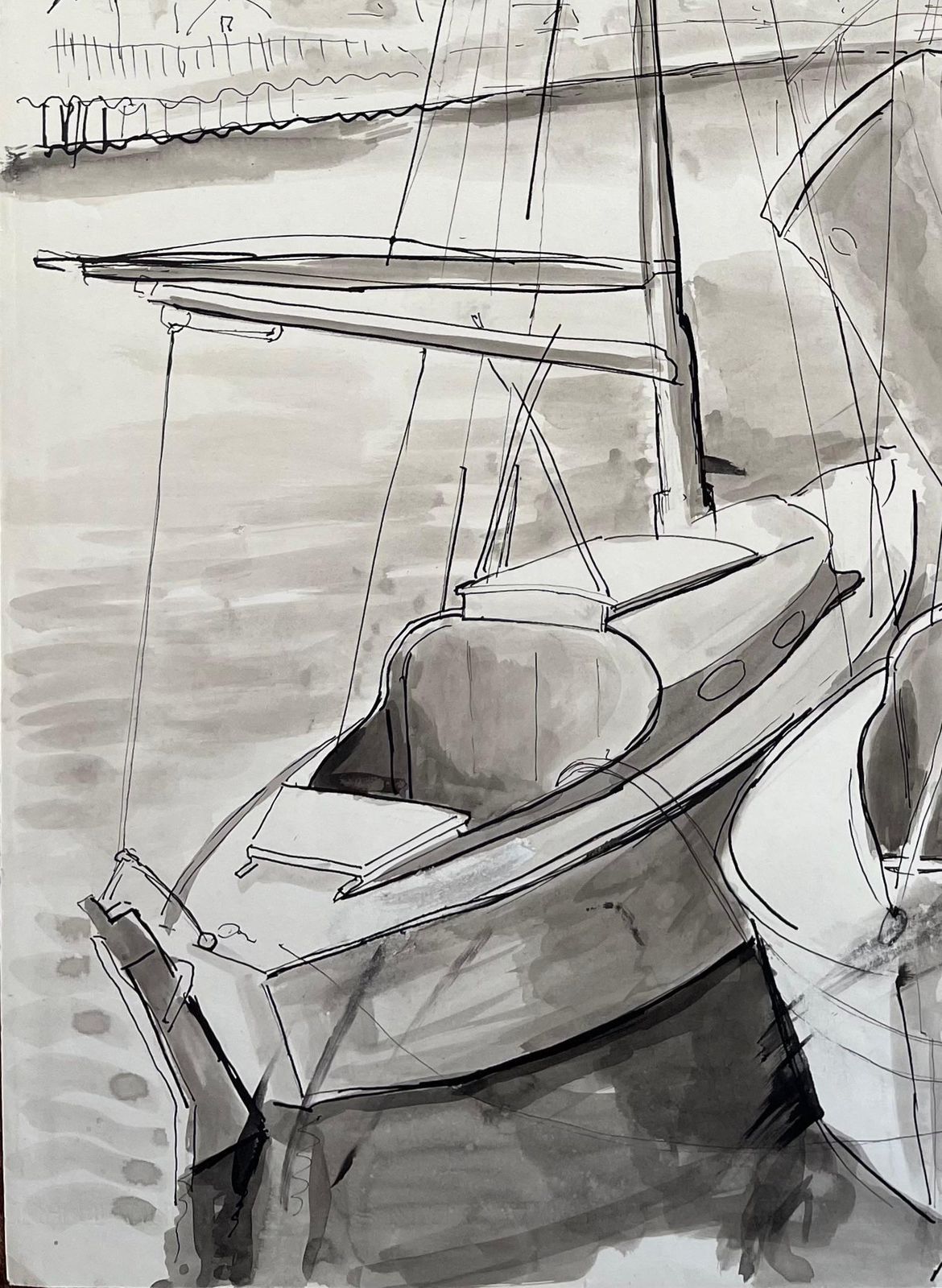 Anne Marie Migette Perardmid Century French Ink And Wash Drawing Of Sailboats Moored At Harbour With Mast photo Art
