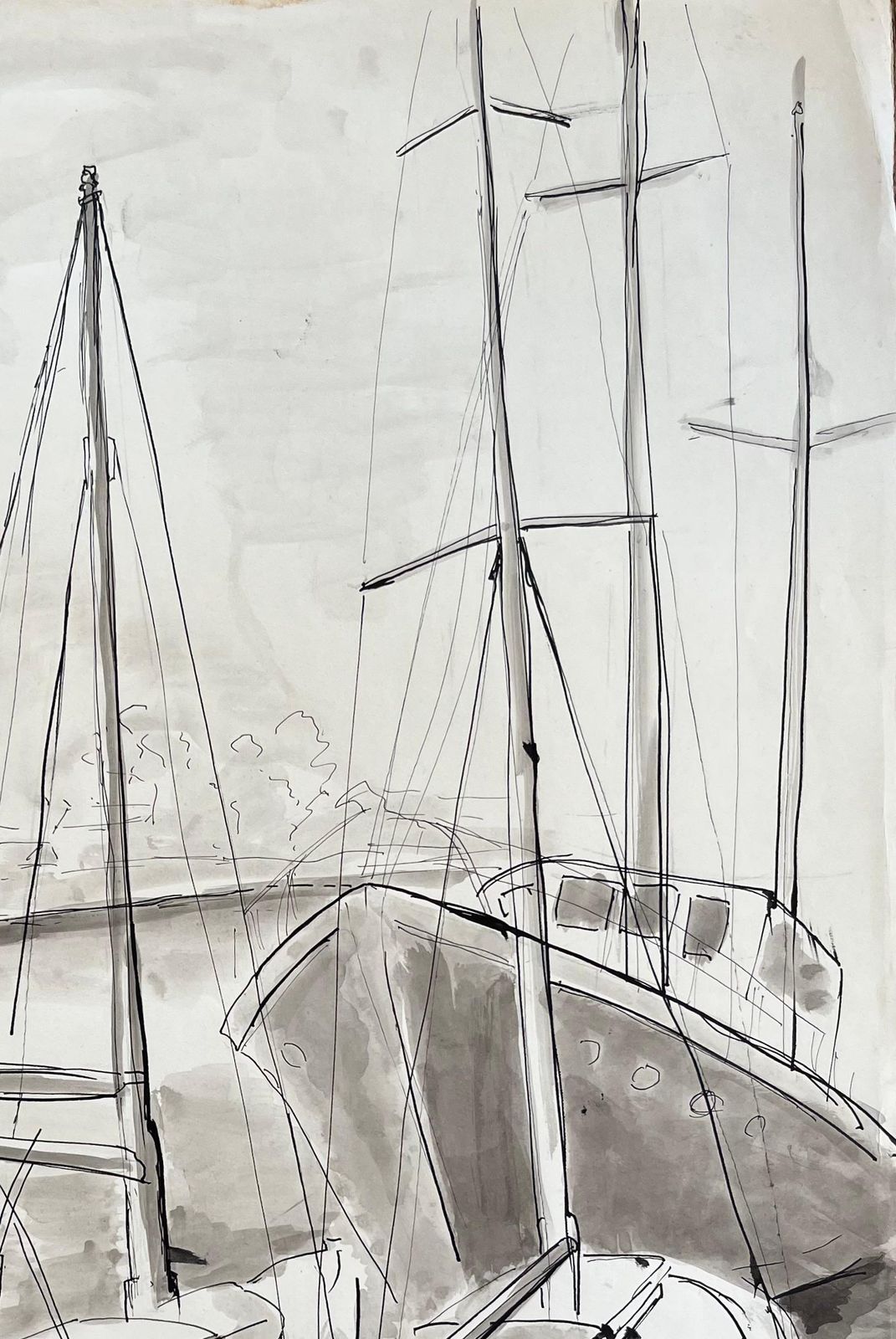 Anne Marie Migette Perardmid Century French Ink And Wash Drawing Of Sailboats Moored At Harbour With Mast photo 539.0