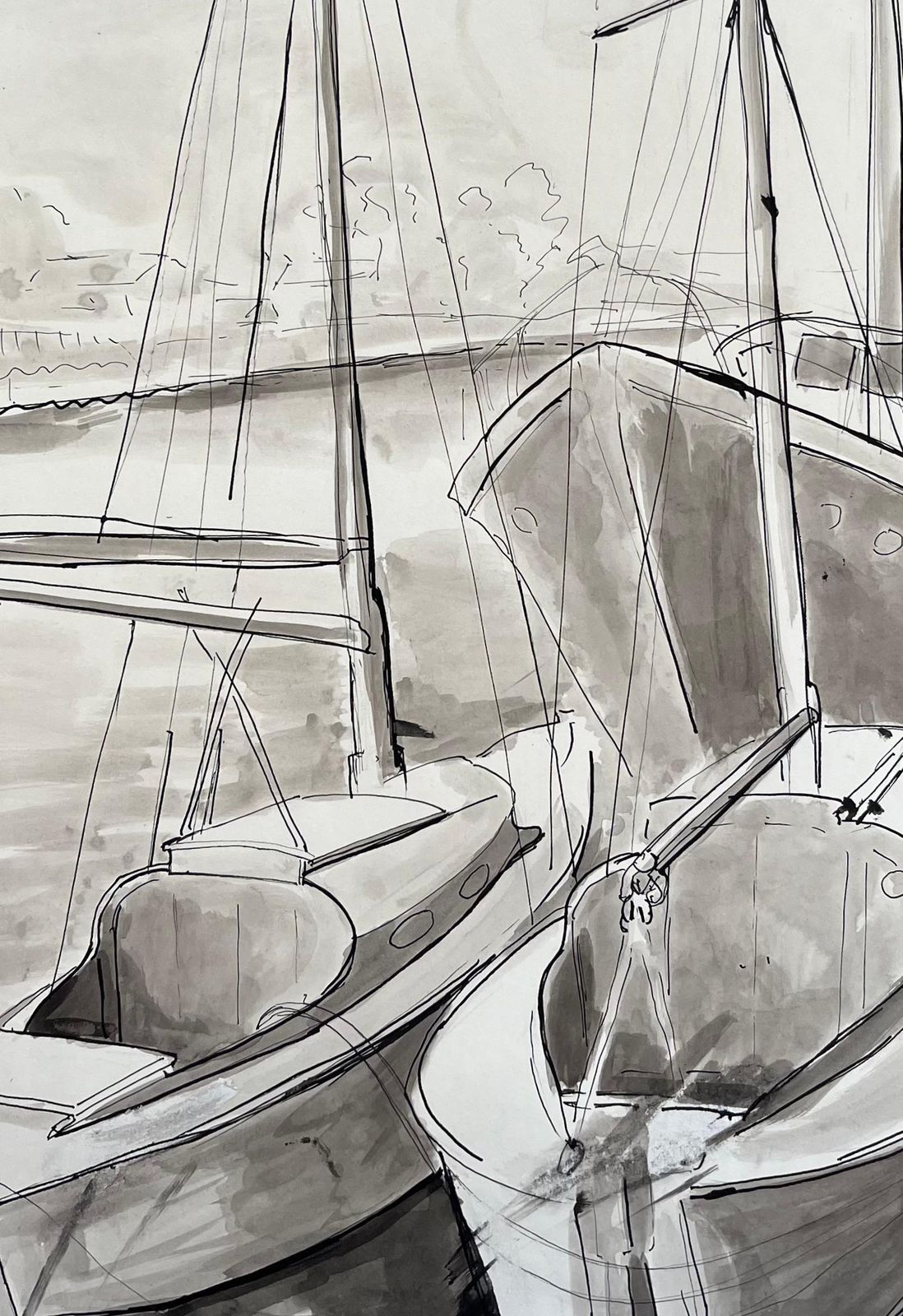 Anne Marie Migette Perardmid Century French Ink And Wash Drawing Of Sailboats Moored At Harbour With Mast photo buy