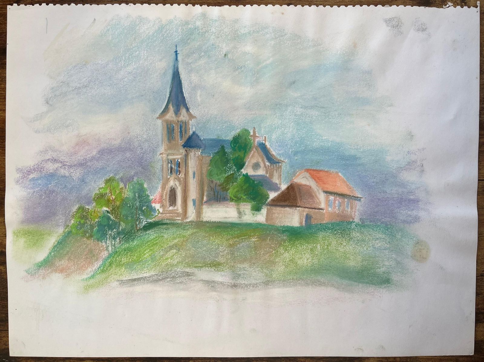 Anne Marie Migette Perardmid 20th Century Pastel Of French Countryside Church With Bell Tower photo furniture