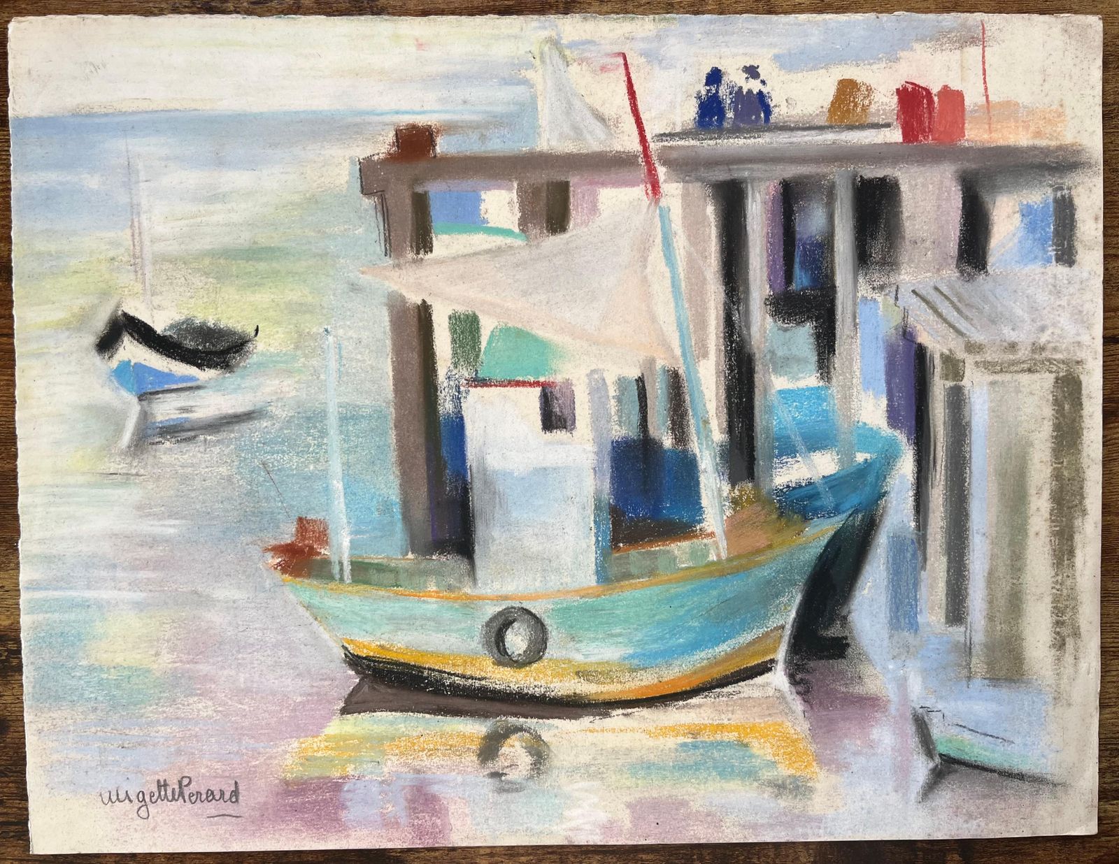 Anne Marie Migette Perardmid 20th Century French Pastel Harbour Scene With Boats And Pier And Figures photo furniture