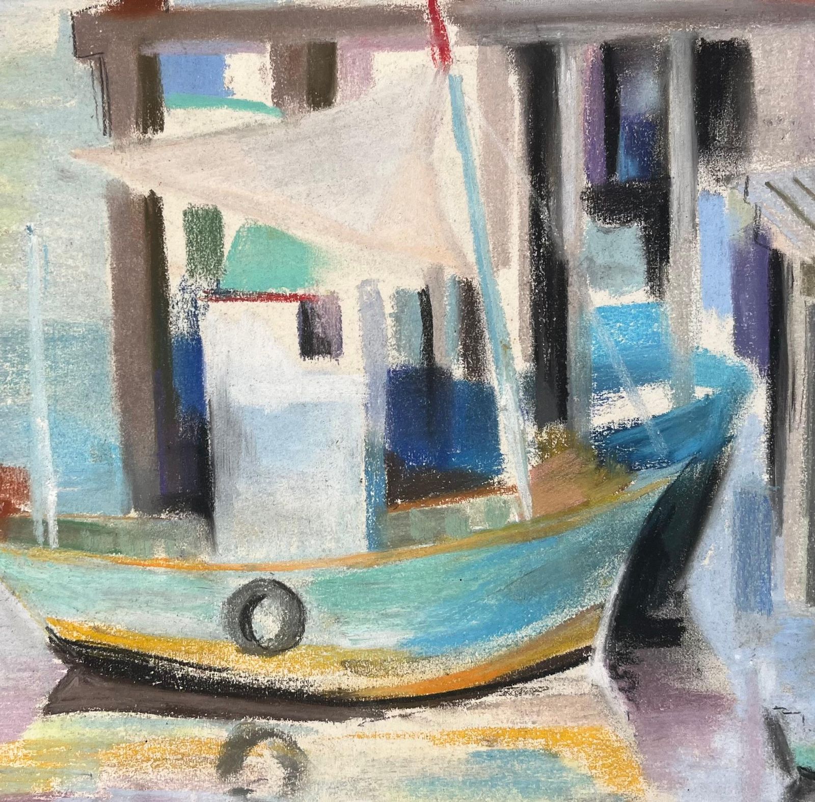 Anne Marie Migette Perardmid 20th Century French Pastel Harbour Scene With Boats And Pier And Figures photo buy