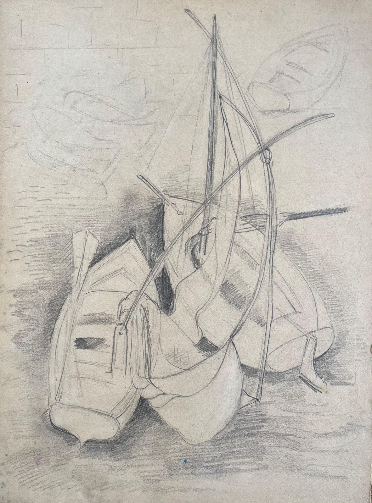 Anne Marie Migette Perardmid 20th Century Post Impressionist Pencil Drawing Of Docked Rowboats