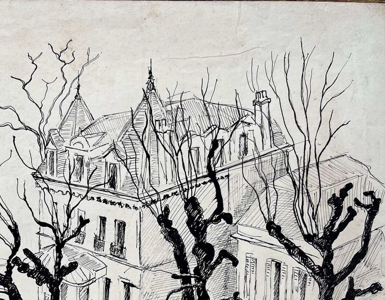 Anne Marie Migette Perardmid Century French Ink Drawing Of Mansion In Enghien France With Winter Trees photo Art
