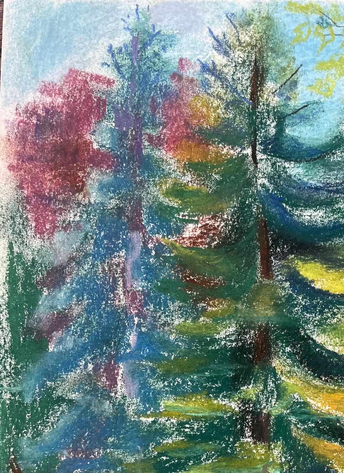 Anne Marie Migette Perardmid Century French Pastel Of Pine Trees In Dappled Forest Light photo for sale