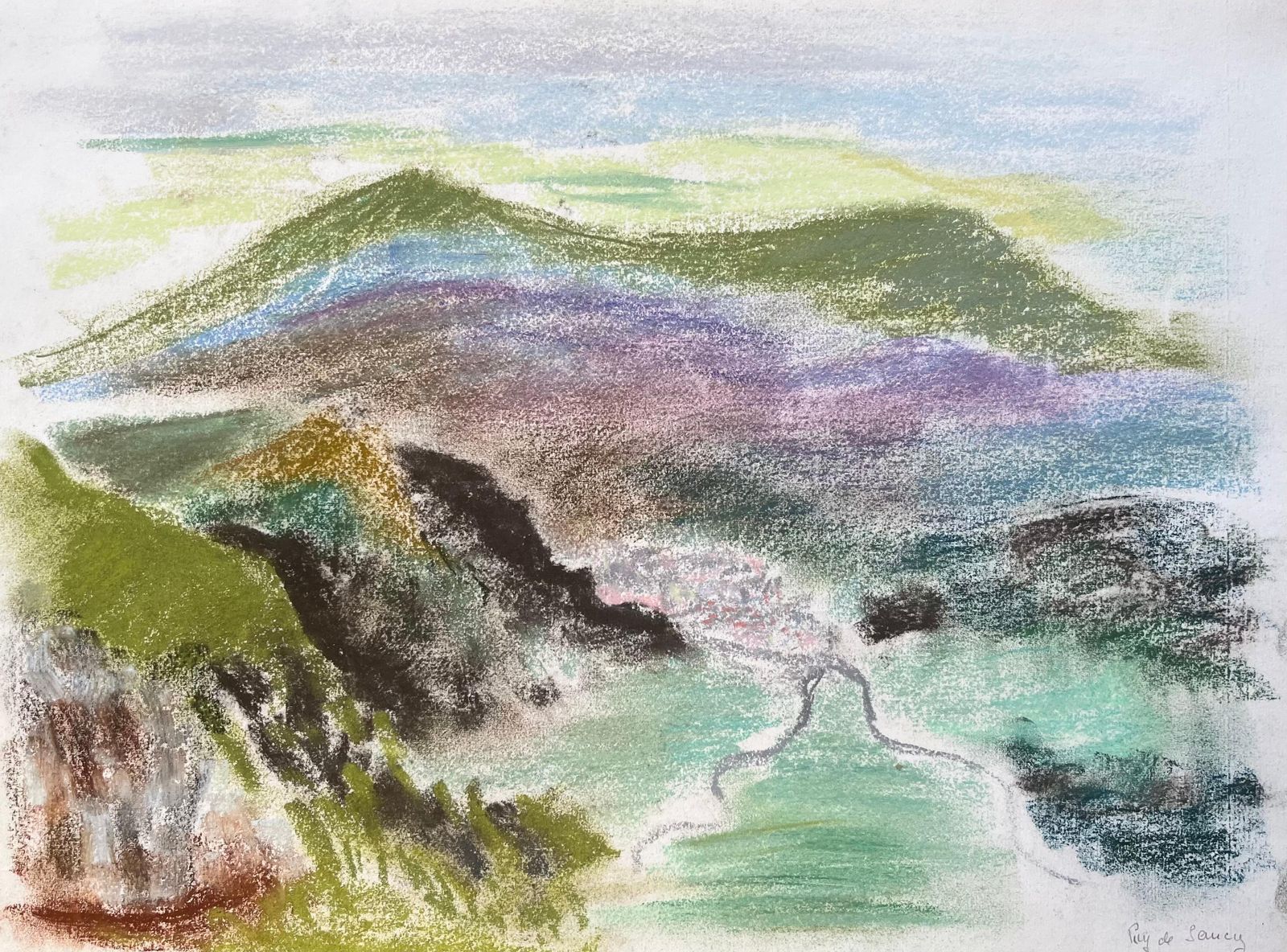 Anne Marie Migette Perardmid 20th Century Pastel Landscape Of Pey De Sancy Volcano In France