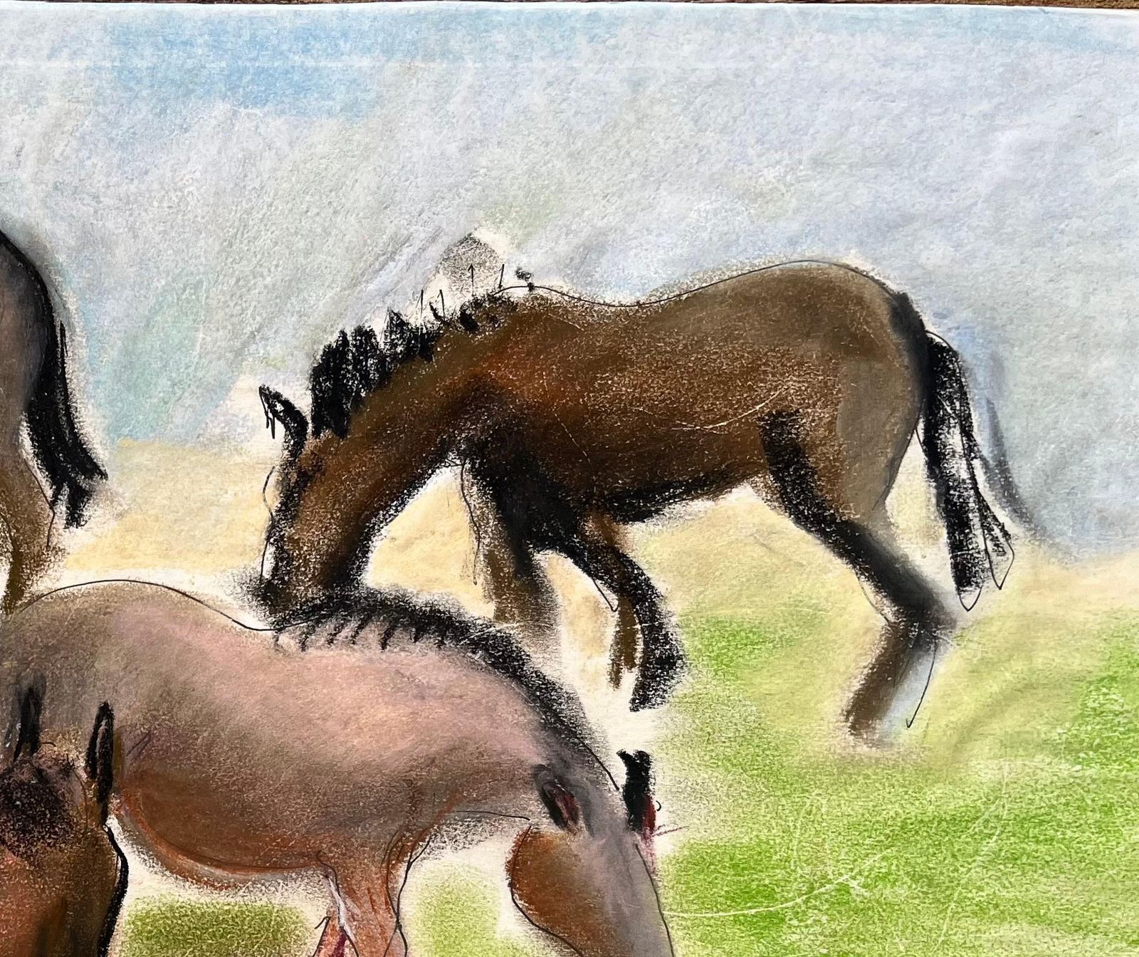 Anne Marie Migette Perardmid Century French Pastel Drawing Of Four Horses Grazing In A Meadow Landscape photo Art