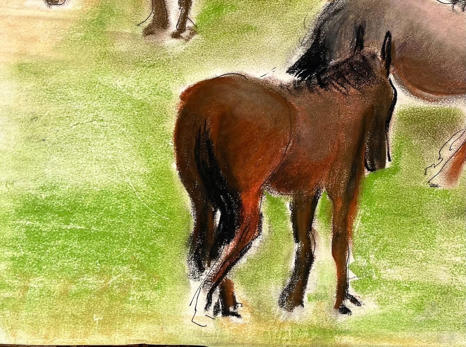 Anne Marie Migette Perardmid Century French Pastel Drawing Of Four Horses Grazing In A Meadow Landscape photo 535.0