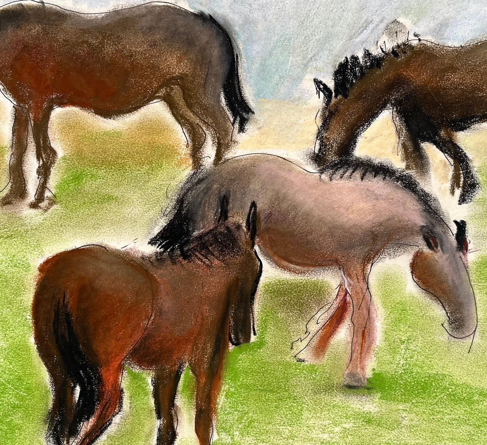 Anne Marie Migette Perardmid Century French Pastel Drawing Of Four Horses Grazing In A Meadow Landscape photo buy