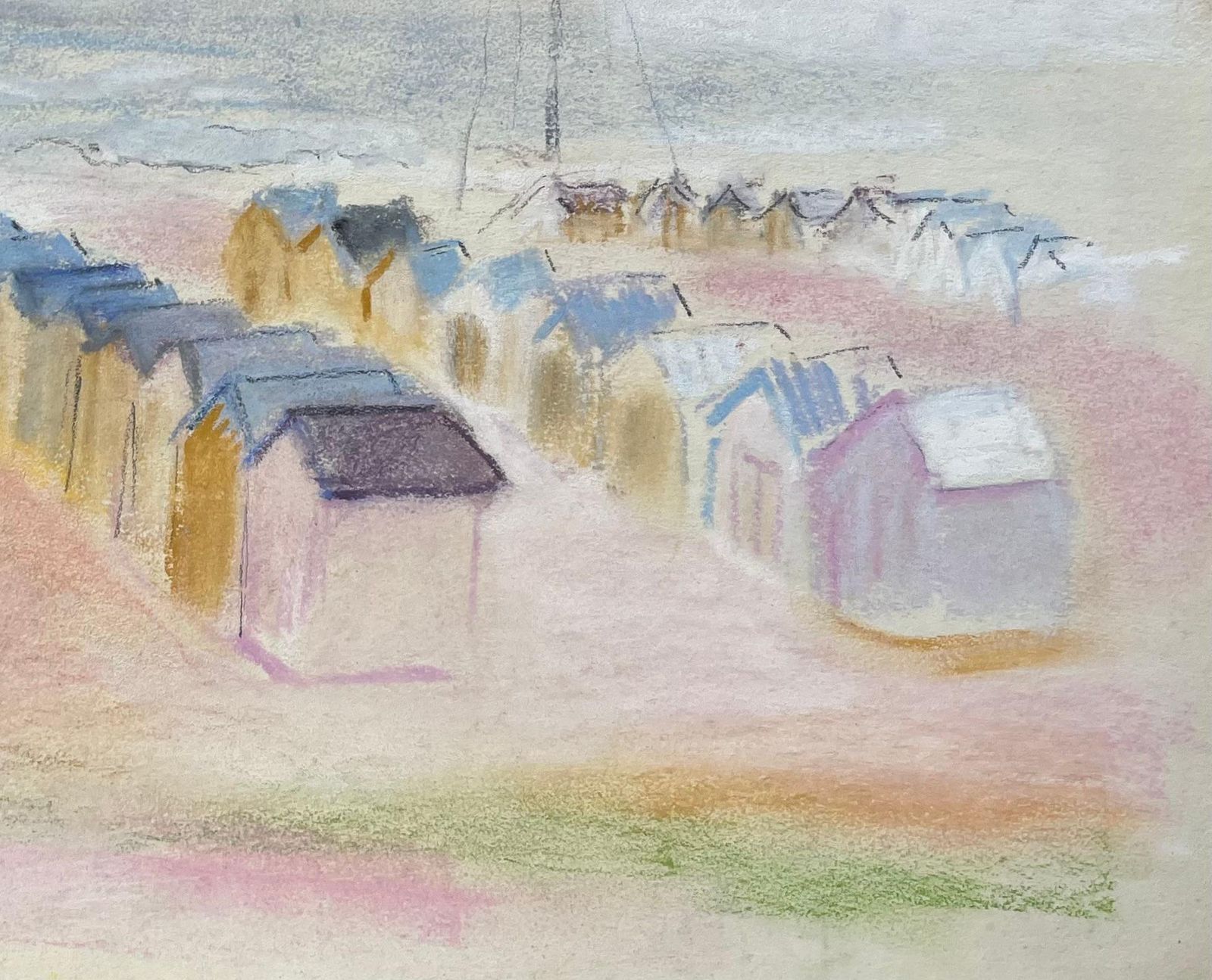 Anne Marie Migette Perardmid Century French Pastel Seaside Landscape With Beach Huts And Distant Mast photo for sale