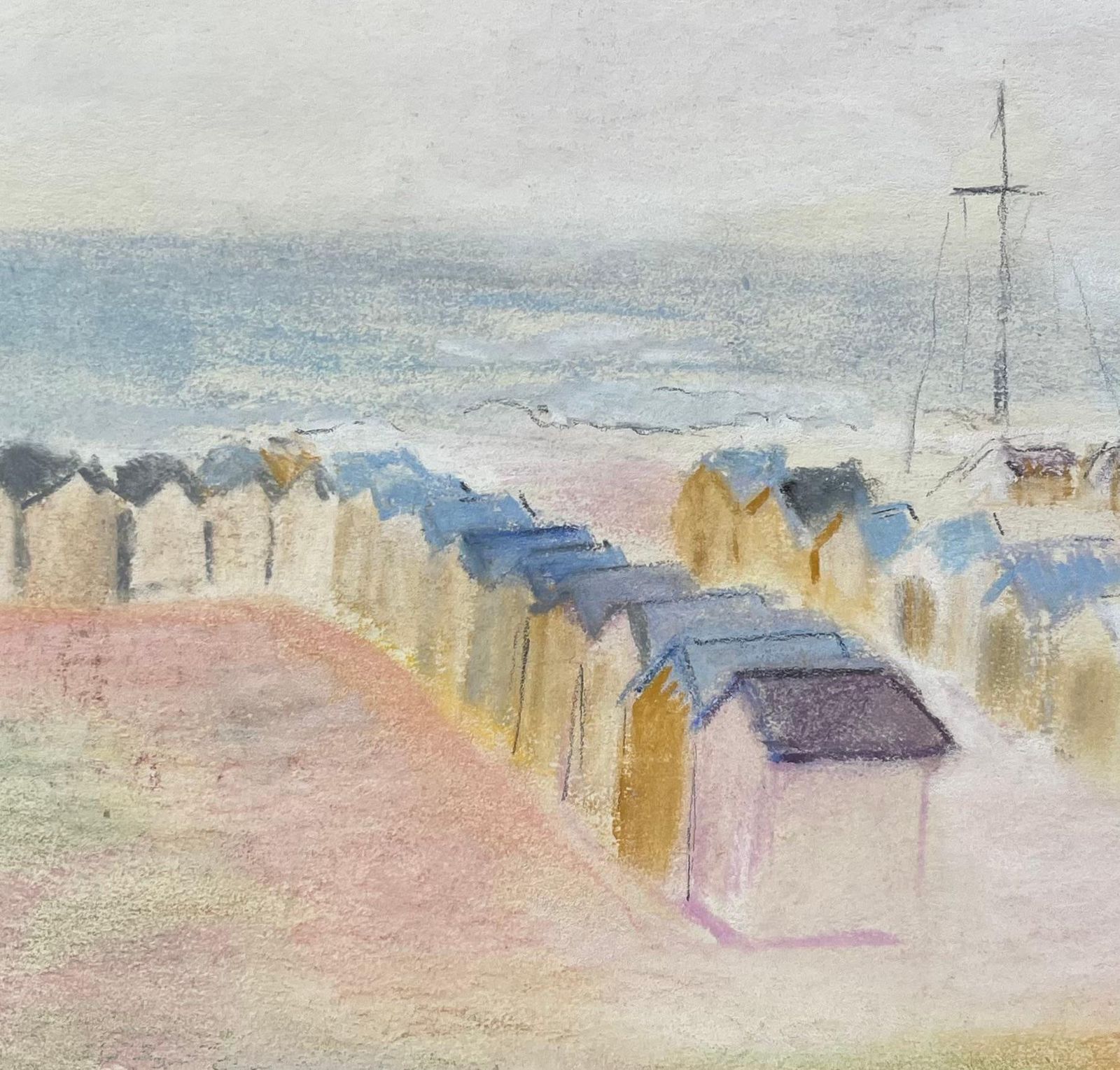 Anne Marie Migette Perardmid Century French Pastel Seaside Landscape With Beach Huts And Distant Mast photo buy
