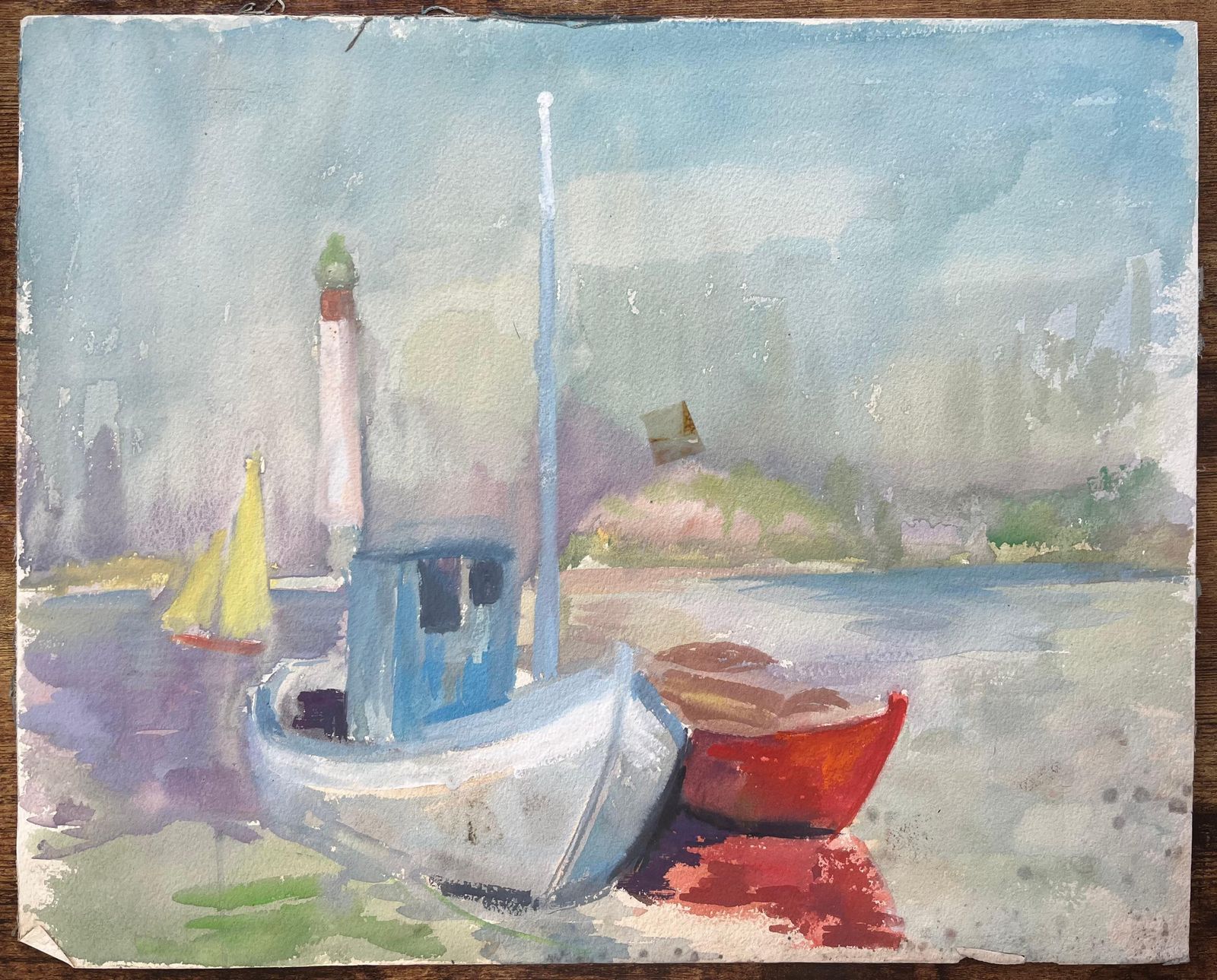 Anne Marie Migette Perardmid Century French Watercolour Of Fishing Boats And Lighthouse On A Quiet Shore photo furniture